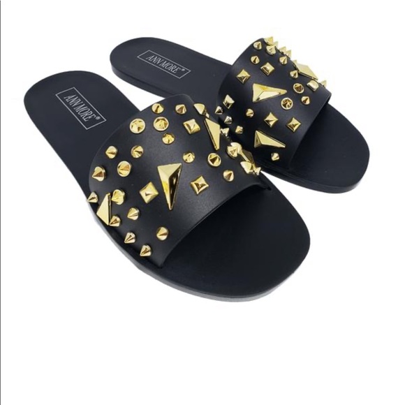 black sandals with gold studs